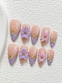 10Pcs Fresh Pastoral Style Handmade Nail Art Set,Polygel Nail Set,Golden Starfish,Forest Girl,Includes Nail Tools,3 Sizes Available,Almond Nails , Duck Nails,Coffin Nails For Party, Dance, Daily Wear. - 彩色 - 查看 19