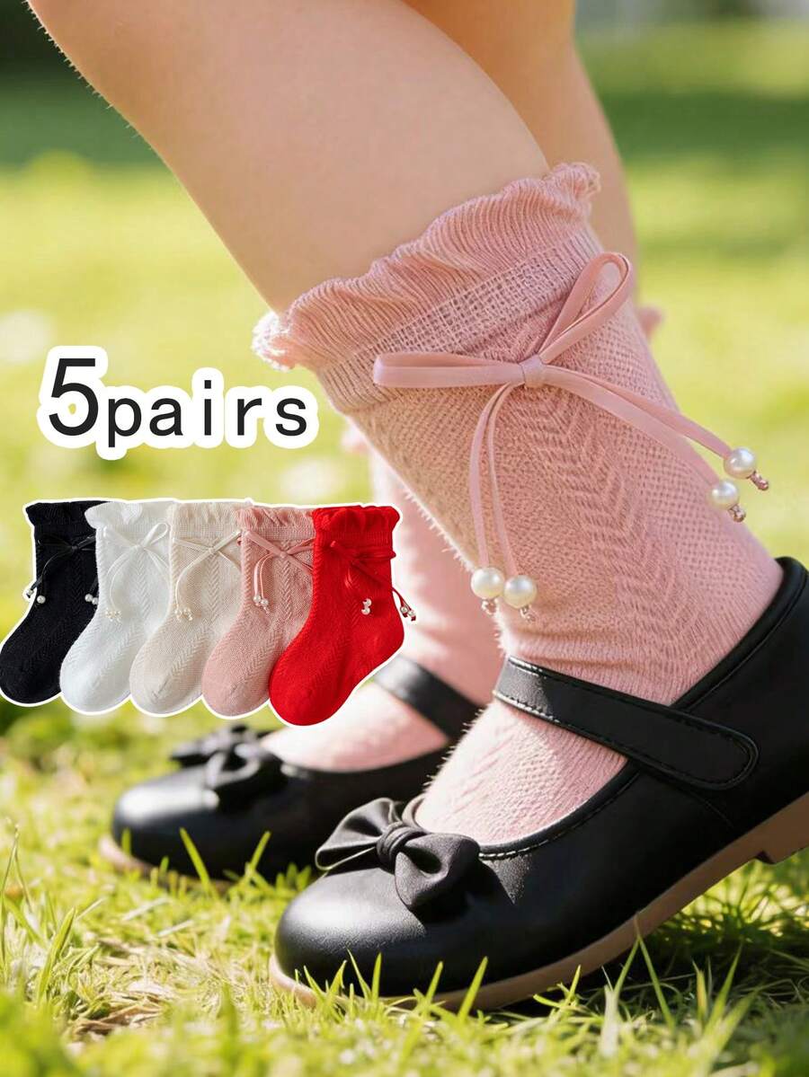 5 đôi tất mềm mại, thoáng khí, kiểu dáng công chúa, có nơ trang trí, thích hợp cho bé sơ sinh, dự tiệc sinh nhật, mặc thường ngày, đi nghỉ lễ và sử dụng hàng ngày. - Nhiều màu - Xem 1