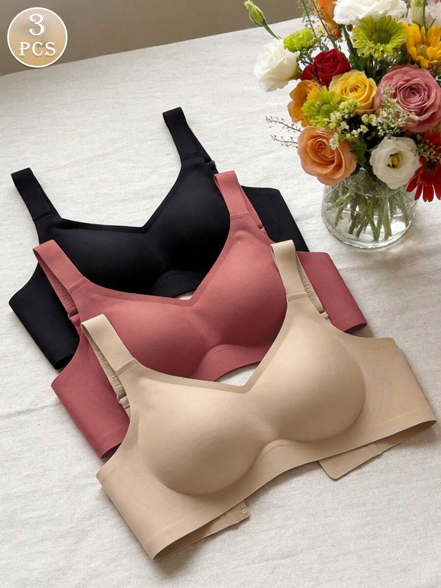 3pcs Set Minimalist Comfortable Sports Bras For Women, Wireless Seamless Solid Color Bras - Multicolor - View 1