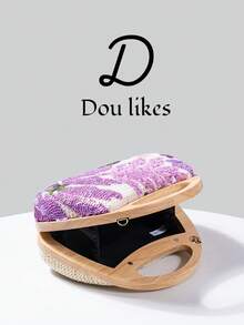 女士草编花卉手提包，顶部提手沙滩包，波西米亚风花卉斜挎包，适合夏季度假 - 紫色 - 查看 8