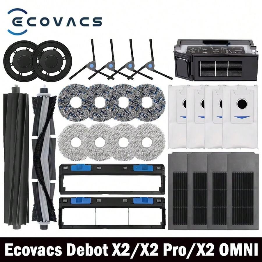 适用于 Ecovac S Deebot X2 Omni / X2 Pro / X2 机器人吸尘器的 1/2/4/6/8/19/23 件替换配件,包括滚刷、主刷、边刷、HEPA 过滤器、拖布和尘袋等部件。 - 查看 1