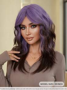 7JHH WIGS 中长款神秘紫黑色波浪假发，20英寸蓬松卷曲刘海，高密度全机织耐热纤维合成假发，适合角色扮演、万圣节、嘉年华、音乐节等派对佩戴。 - 漸層紫 - 查看 5