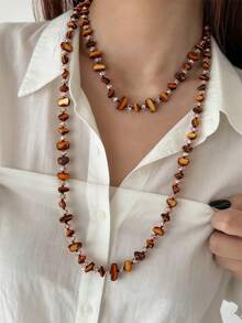 1 chiếc vòng cổ dài đính hạt màu nâu phong cách Bohemian cổ điển, kiểu dáng bất đối xứng, có thể đeo nhiều lần, trang sức thời trang mới (hạt được chọn ngẫu nhiên) - Nhiều màu - Xem 3