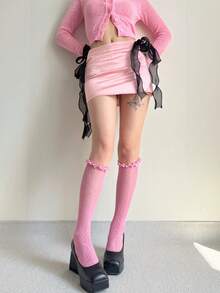 A Pair Of Sweet Girl-Style Satin Wooden-Earbud Lace Mid-Thigh Stockings. Multi-Color Open Mesh Lace Flowered Stockings Suitable For Revealing Style In Spring And Summer. Spring/Summer Lolita J.K. Style Girl Accessories. - Pink - View 6