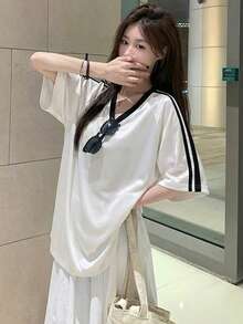 Áo kiểu dệt kim ngắn tay cổ chữ V dáng rộng màu trắng Star River Girl, phong cách tối giản, thích hợp cho mùa hè, ngày Valentine. - 2A14 Trắng và Đen - Xem 5