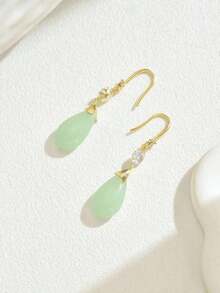 1 Pair Vintage Chinese Style Green Jade Teardrop Earrings, Elegant Retro Chic Versatile Ear Clips,Valentine's Day, Perfect Gift For Your Girlfriend Or Wife, Couple's Jewelry - Vàng - Xem 3