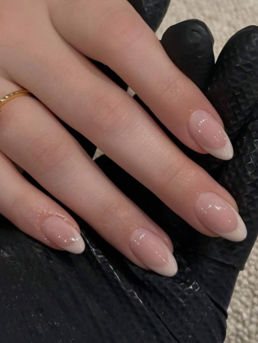 24 piezas Conjunto de uñas postizas cortas con forma de almendra de estilo francés en color amarillo, incluye 1 adhesivo y 1 lima de uñas, adecuado para uso diario - Multicolor - Ver 1