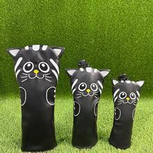 可爱黑白条纹猫咪高尔夫球杆套，3D猫耳刺绣设计，适用于一号木/球道木/混合杆，采用耐刮擦耐用PU皮革，防撞保护 - 黑色 - 查看 1