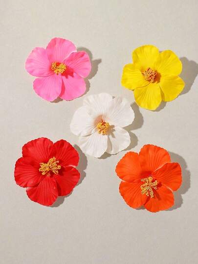 5pcs Vintage Hibiscus Flower Hair Clips, Beach Vacation Style, Solid Color Bohemian Style, Elegant PVC Material Hair Accessories, Suitable For All Seasons, Valentine's Day Floral Hair Clips, Hair Pins, Hair Barrettes, Student Supplies, Headwear