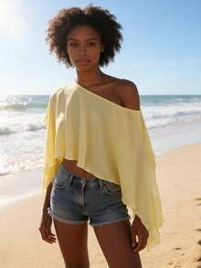 Women Double Layer Shrug Poncho Cape Tops Summer Clothes Solid Color Bolero Shawl One Shoulder Chiffon Beach Coverup Blouse Streerwear - 黃色 - 查看 4