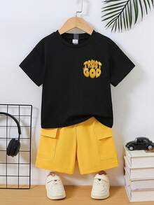 2pcs Kids Casual Set! Knit Printed Short Sleeve Top + Cargo Shorts, Comfortable Summer Outfit - Yellow - View 2