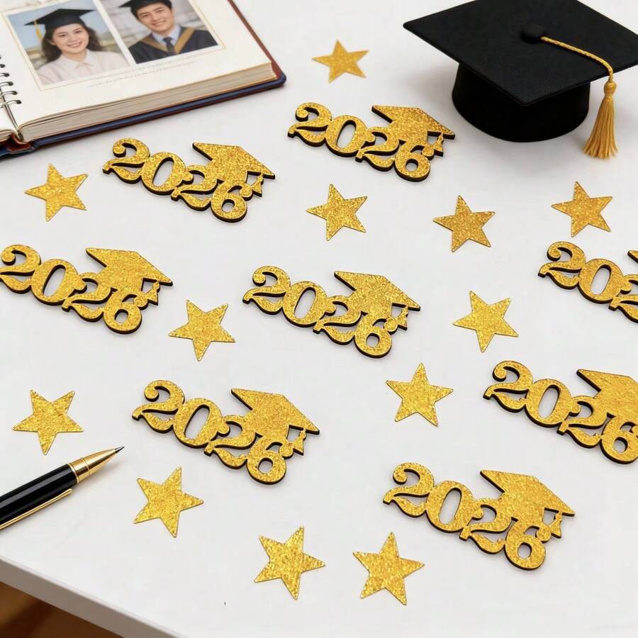 1 Set Of Confetti, 2026 Graduation Ceremony Table Decoration Confetti, Golden Wooden 2026 Star-Shaped Paper Confetti, Suitable For Graduation Season Party Decoration.