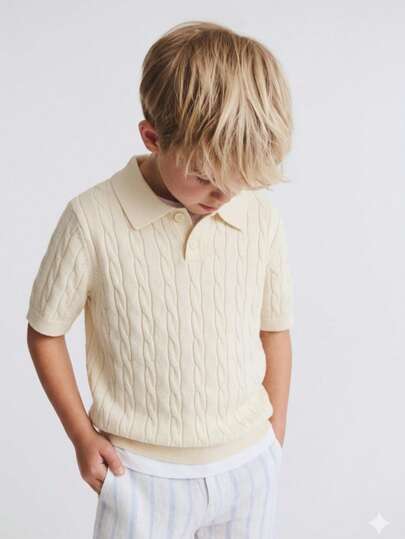 Boys' Solid Color Cable Knit Polo Shirt Short Sleeve Lightweight Sweater, Suitable For School & Everyday Wear, Spring/Summer/Autumn