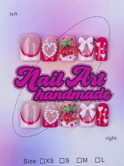 10片方形手工美甲贴片，Y2K 坏女孩风格，裸色和粉色法式贴片，樱桃元素设计，适合女性和女孩，派对、舞蹈、日常佩戴，包含工具包，是送给女士的绝佳礼物，美甲用品，手工按压式美甲贴片