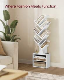VASAGLE Tree Bookshelf, Modern Bookcase, Floor Standing Book Shelf, For Bedroom, Living Room, Home Office, 2 Open Compartments - White - View 2