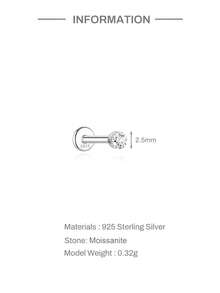 1pc D Color Moissanite 18K Gold Plated S925 Sterling Silver Round Flat Back Stud 2.5/3/4mm For Lobe Helix Piercing Holiday Gift Women Fine Ear Jewelry - Silver - View 8