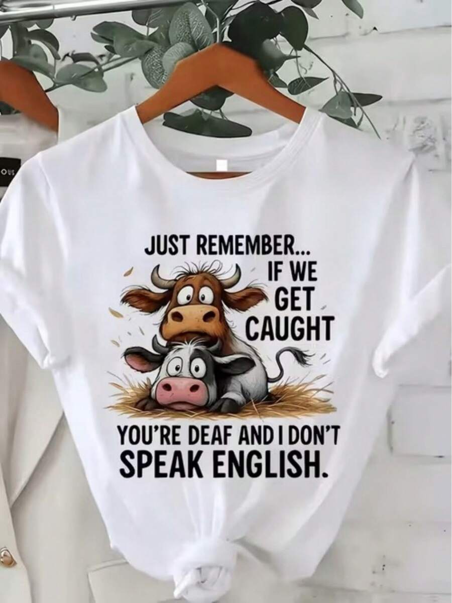 Women's T-Shirt, Casual Simple Top, Humorous Cows With Funny Quote Pattern Printed T-Shirt, Suitable For Casual Daily And Holiday Activities - 1-1 - 查看 1