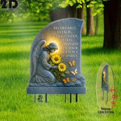 Cọc trang trí sân vườn hình thiên thần hoa hướng dương 2D, 1 chiếc, có khắc dòng chữ tưởng niệm bằng tiếng Tây Ban Nha - Chất liệu nhựa chịu thời tiết, thích hợp trang trí mộ, bãi cỏ và luống hoa - Không cần điện, quà tặng tưởng niệm.