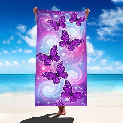 1pc Dreamy Purple Butterfly Beach Towel, Super Soft Microfiber Extra Large Beach Blanket, Super Absorbent Bath Towel, Suitable For Travel, Swimming Pool, Diving, Surfing, Yoga, Camping, Available In Multiple Sizes, Beach Accessory
