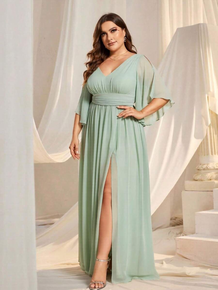 EVERPRETTY Plus Size Chiffon Ruched Waist Short Sleeve Slit Thigh Sage Green Bridesmaid Dress, Elegant Spring/Summer Wedding Guest Party Dress - Mint Green - View 1