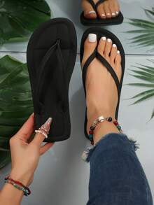 Dép xỏ ngón đơn giản màu trơn cho bé gái, dép lê đế bằng màu đen, dép đi trong nhà và đi nghỉ mát. - màu đen - Xem 2