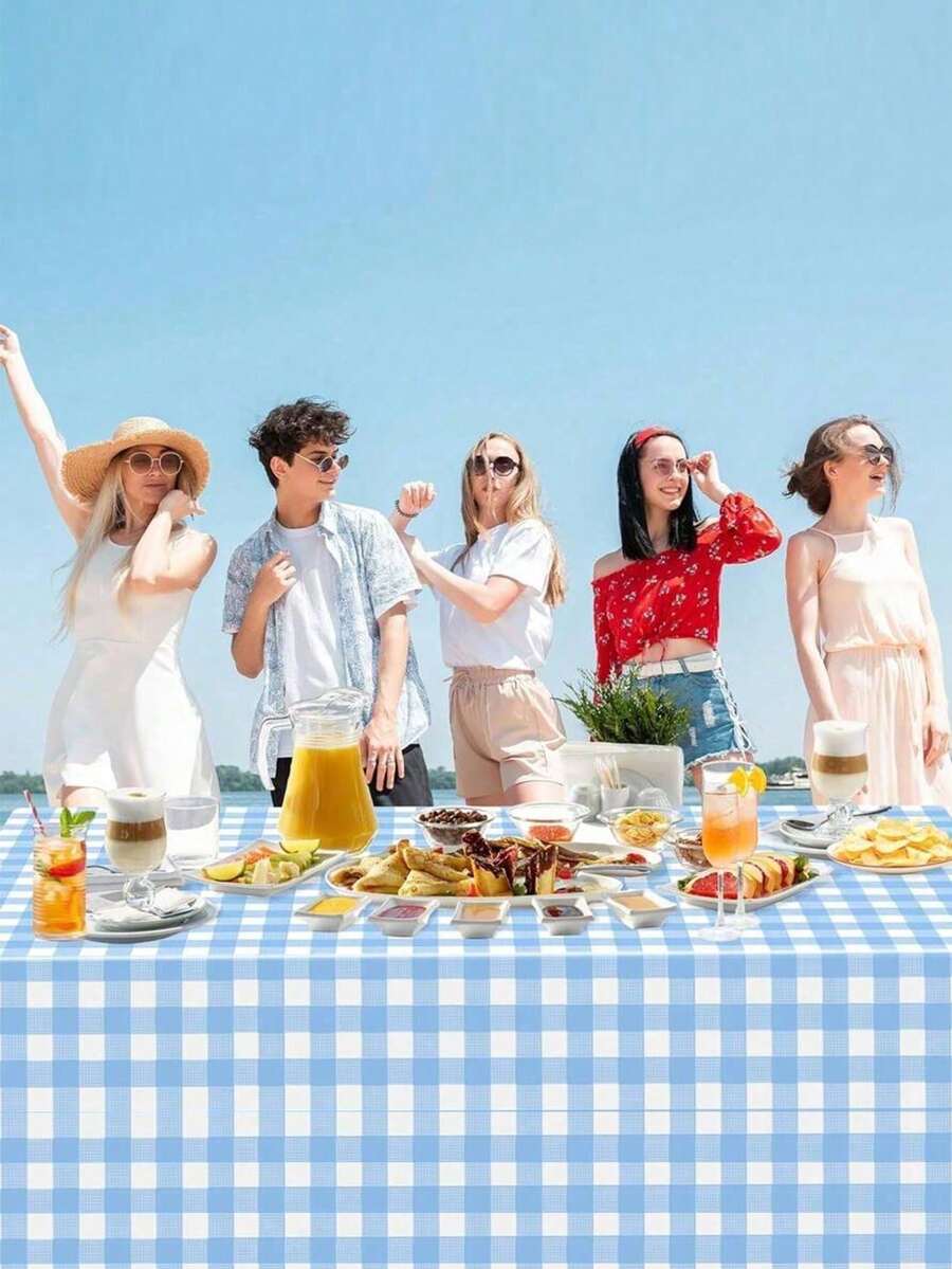 1 Pack Light Blue Plaid Disposable Plastic Tablecloth, Rectangular Light Blue And White Checkered Pattern, Suitable For Party, Outdoor Picnic, Birthday, Wedding, Camping, 54" X 108" - Multicolor - View 1