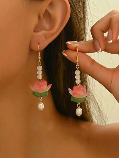 1 Pair Pink Lotus Flower Drop Earrings, Featuring Delicate Pearl Accents, Elegant Earrings For Graceful Ladies
