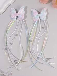 2PCS Gradient Glitter Butterfly Hair Bows For Girls Dreamy Gradient Sequins Bow Hair Clips Macaron Gradient Satin Ribbon Tassels Bow Alligator Clips Elegant Bead Chain Hair Barrettes For Holiday And Party Teens Hair Accessories - Multicolor - View 1