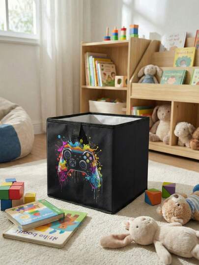 1个卡通游戏机图案印花开放式收纳盒，可折叠婴儿尿布和玩具收纳篮，适用于婴儿房抽屉收纳，耐用多功能节省空间设计，适用于家庭、宿舍、家居收纳，床下收纳