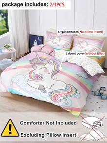 Bộ ga trải giường 2/3 món hình kỳ lân màu hồng, họa tiết cầu vồng mây và kỳ lân dễ thương, bộ đồ giường kỳ lân đáng yêu, phù hợp trang trí phòng ngủ cho bé gái và trẻ em (kích thước giường đơn) - Nhiều màu - Xem 3