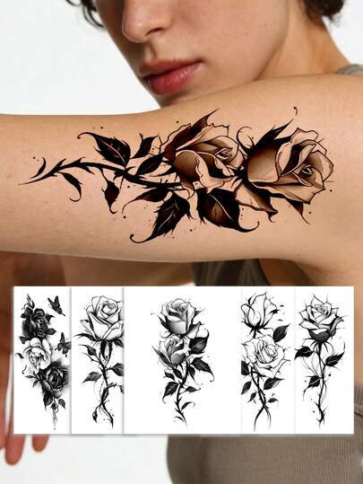 5pcs Black Temporary Tattoo Stickers, Including Designs Of Jellyfish, Butterfly, Cat, Flower, Letter And Snake, Suitable For Legs, Feet, Collarbone And Neck As Inspiration For Tattoos