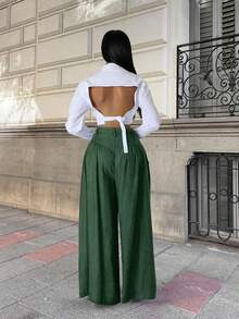 2026春夏新款女士纯色休闲优雅街头外出约会度假褶皱阔腿高腰裤，适合情人节约会、新年装扮、海滩装、派对礼服、春季女装，优雅端庄。女士裤装 - 墨綠色 - 查看 5