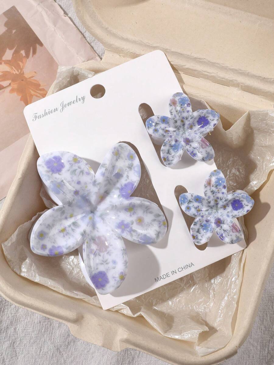 3个蓝色和紫色茄子花亮面印花3D立体茄子花发夹，尺寸各异，发爪，侧刘海夹，适合公主风、甜美氛围、海滩度假、派对、下午茶、野餐等夏季发饰，沙滩爪夹，度假、假日、旅行必备 - 彩色 - 查看 1