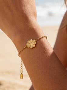 18K镀金纹理花朵手链，波西米亚风金色夏季海滩度假不锈钢精致可调节链条手链，女士款 - 金色 - 查看 9