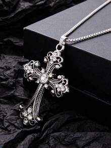 1件巴洛克十字项链，欧美嘻哈复古风格镶嵌大十字不锈钢项链，批发男士长款毛衣链和女士日常配饰 - 十字 - 查看 4