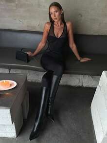 Y2K Hot Girl Mesh Jumpsuit Deep V Neck See Through Bodysuit Sexy Clubwear Party Outfit - Negro - Ver 2