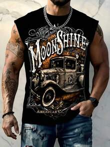 男士字母汽车图案圆领休闲宽松背心，简约时尚，适合夏季穿着 - 黑色 - 查看 3