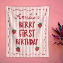 1pc Custom Birthday Banner, Custom Berry First Birthday Backdrop Banner, Strawberry Theme Party Decor - White - View 2