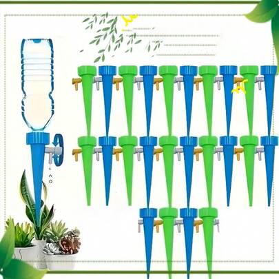 Bộ 24 que tưới nhỏ giọt tự động có thể điều chỉnh độ cao và van điều khiển, thích hợp cho cây trồng ngoài trời, cây trong chậu và vườn nghỉ dưỡng.
