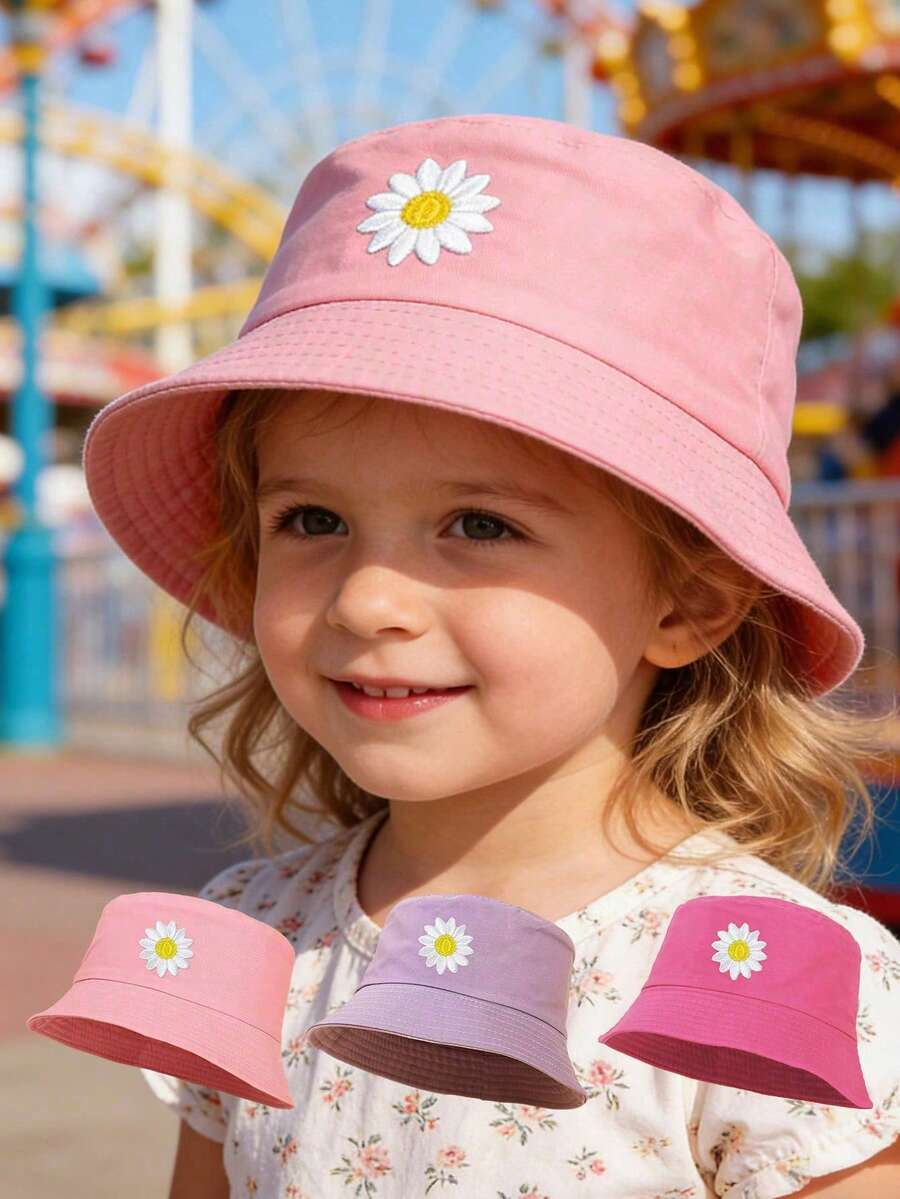 1pc Kids Fashionable Sun Bucket Hat, Versatile Sunhat For Spring & Autumn (With Embroidered Sunflower), Korean Style Children Bucket Hat, Suitable For Indoor & Outdoor Use - 1PC - View 1