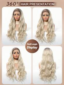 26英寸渐变金色波浪卷蕾丝前假发，耐热合成纤维，适合女性日常佩戴、角色扮演、派对等场合，自然逼真，透气帽设计，长款铂金色波浪假发 - 漸變金色 - 查看 9