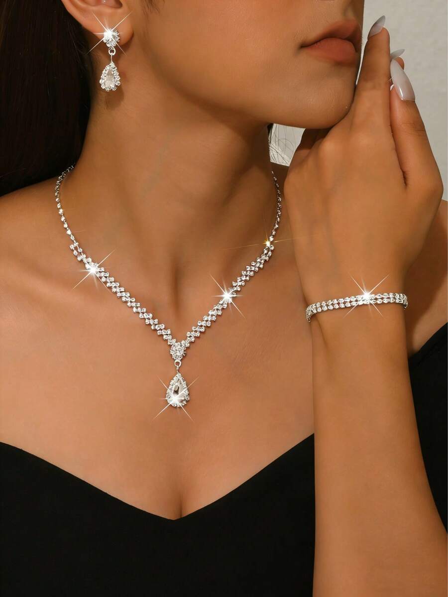 Set Perhiasan 3 Buah Kalung, Anting, dan Gelang Logam Perak Bertatahkan Berlian Imitasi, Aksesoris Pernikahan Pengantin