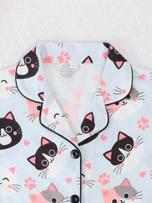 Bộ đồ ngủ 2 món cho bé gái, in hình mèo hoạt hình, áo cardigan cổ polo tay ngắn và quần short, chống cháy, phù hợp mọi mùa. - Nhiều màu - Xem 4