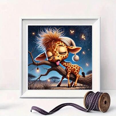1件套5D DIY钻石画套装，独特的亚克力全圆钻马赛克艺术画布，可爱长颈鹿主题设计，适合客厅、卧室、办公室墙面装饰，完美的创意手工艺术礼品，无框