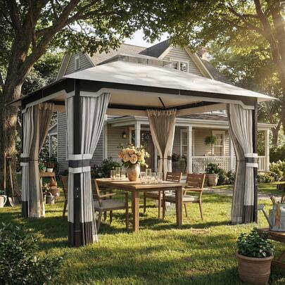 Outsunny 10'x12' Patio Gazebo,Double Roof Outdoor Gazebo Canopy Shelter With Netting And Curtains,Steel Frame,Drainage Holes For Garden,Lawn,Backyard,Light Grey