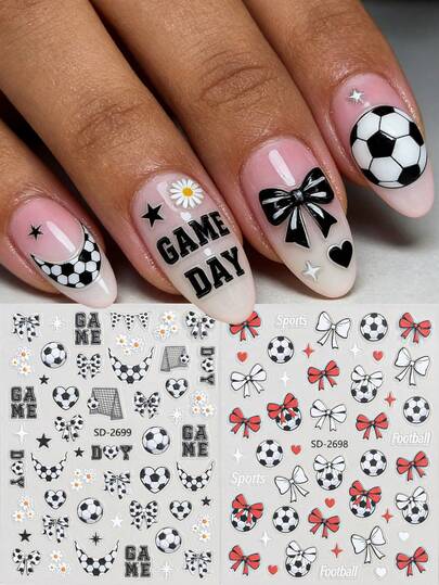 Black And White Soccer Ball & Bow Nail Stickers Cute Cartoon Ball World Cup Design Nail Decoration French Style 2026 World Cup Self-Adhesive Decals For Decoration Nail Art Supplies
