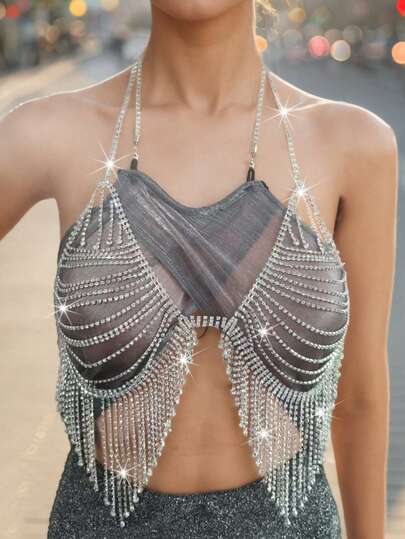 Dây đeo bikini đính đá, vòng cổ ngực tua rua gợi cảm cho hộp đêm và thời trang bãi biển.