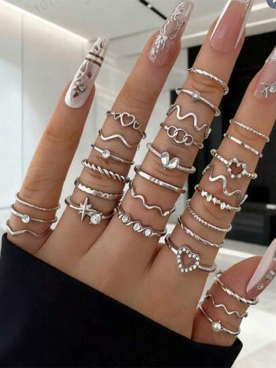 28pieces Of Fashionable Ins Bohemian Stacking Rings Inlaid With Crystal Hollow Love Stars Wave Geometric Chain Women's Daily Resort Silver Jewelry Set - Silver - View 1