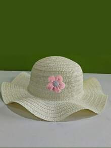 1顶女童轻便系列草编宽檐帽，粉色花朵刺绣，甜美清新，多功能防晒帽，适合日常/度假佩戴 - 粉花 - 查看 13