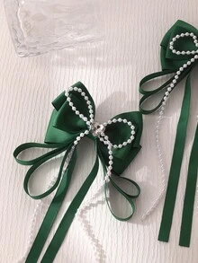 2pcs Fashionable Green Tone Cute Bow Hair Clips Set, Casual College Style Accessories For Girls - Green - View 4